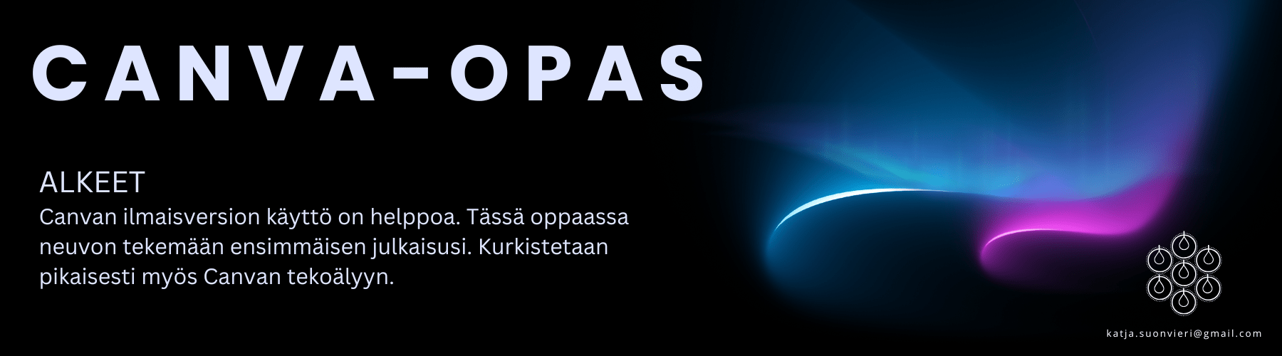 Canva Opas Alkeet Canva-opas banneri, jossa lukee, että oppaassa käsitellään Canva-ohjelman aloitusta ja opastetaan ensimmäisen julkaisun tkemiseen.