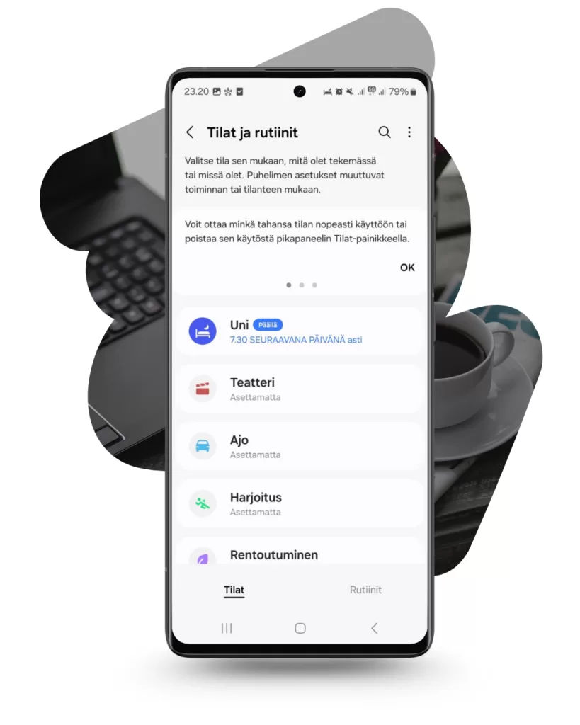 Kännykän asetuksista voit määrittää esimerkiksi unitilan, jolloin puhelin menee äänettömälle automaattisesti. Hyvä keino hallita iltaisin digikäyttöä.