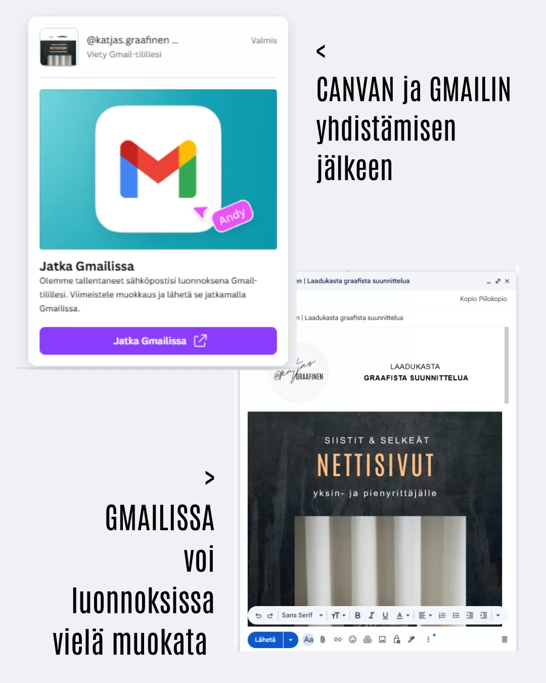 Canvan sähköpostipohjan voi helposti yhdistää Gmailiin.