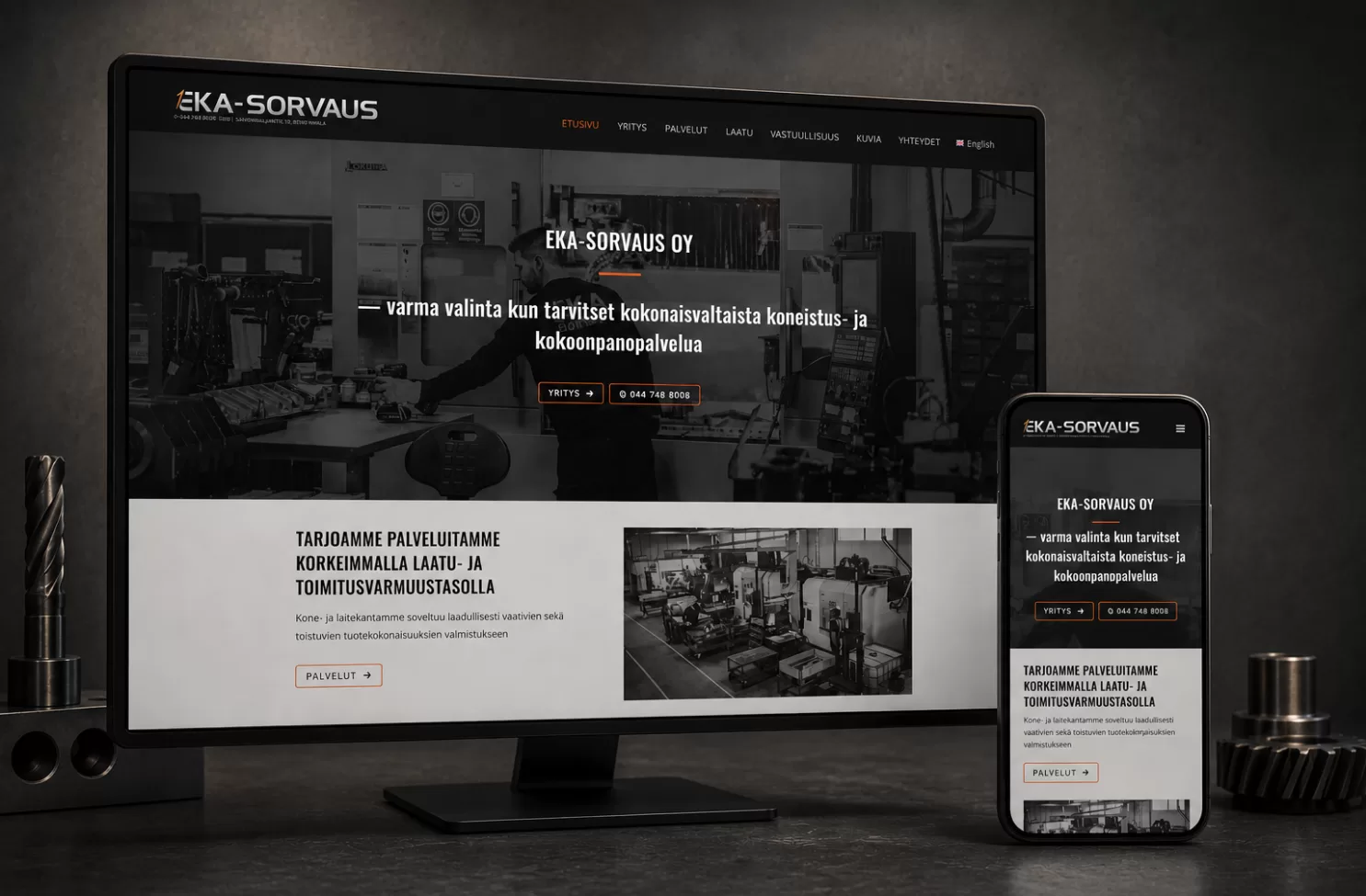 Referenssi Eka-Sorvaus Oy, tein siistit mustavalkoiset nettisivut pienellä oranssilla korostuksella. Hienoslta näyttää myös mobiilissa.